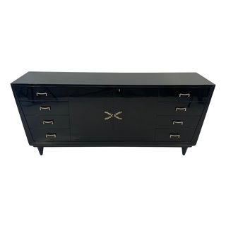 Art Deco Italian Black Lacquered Sideboard with Brass Details, 1950s For Sale