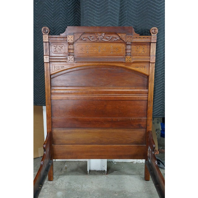 Brown Antique Victorian Eastlake Walnut Burl Spoon Carved Highback Twin Size Bed For Sale - Image 8 of 18