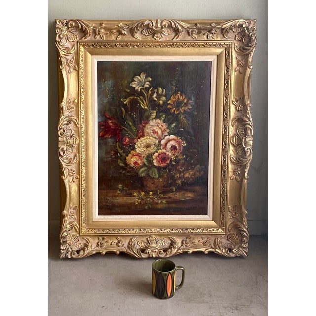 Large Vintage Still Life Painting of Flowers in Heavy Ornate Frame, Signed Chairish