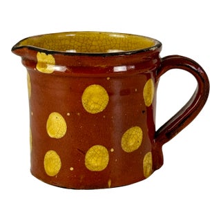 Antique 19th Century French Hand Painted Polkadot Pitcher in Caramel Brown, 4" H For Sale