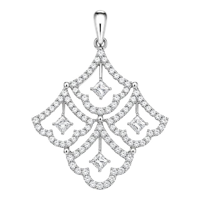 18k White Gold Ornate Diamond Pendant, 1.50 CTTW Natural Diamonds For Sale