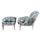 Custom Blue and White Marquis Bergere Chair and Ottoman Set Upholstered in Ralph Lauren For Sale
