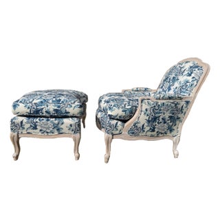 Custom Blue and White Marquis Bergere Chair and Ottoman Set Upholstered in Ralph Lauren For Sale