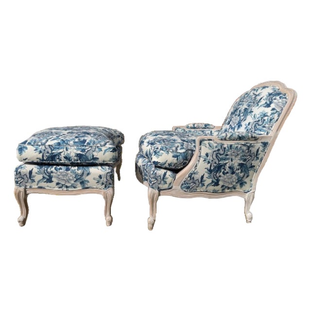 Custom Blue and White Marquis Bergere Chair and Ottoman Set Upholstered in Ralph Lauren For Sale