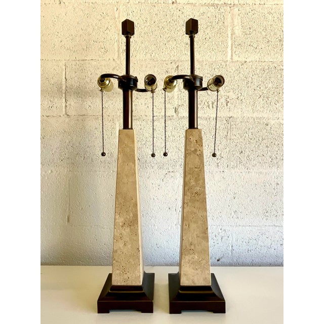 Vintage Hollywood Regency Coquina Stone Obelisk Lamps – A Pair For Sale In West Palm - Image 6 of 12