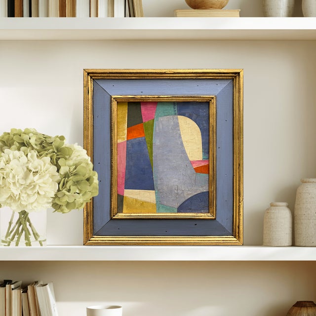 This is a new abstract color-block oil painting exploring colors and shapes. The oil painting is done on a hardboard...
