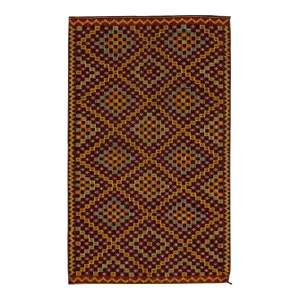 1960s Vintage Indian Soumak Handmade Brown Geometric Wool Rug