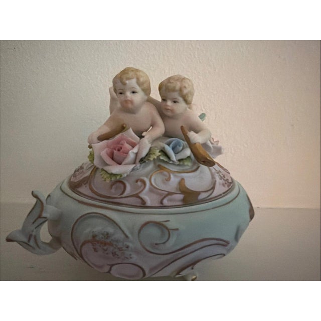 Ceramic Rare Antique Norleans Bisque Candy Trinket 3 Foot Box Cherub Rose For Sale - Image 7 of 7