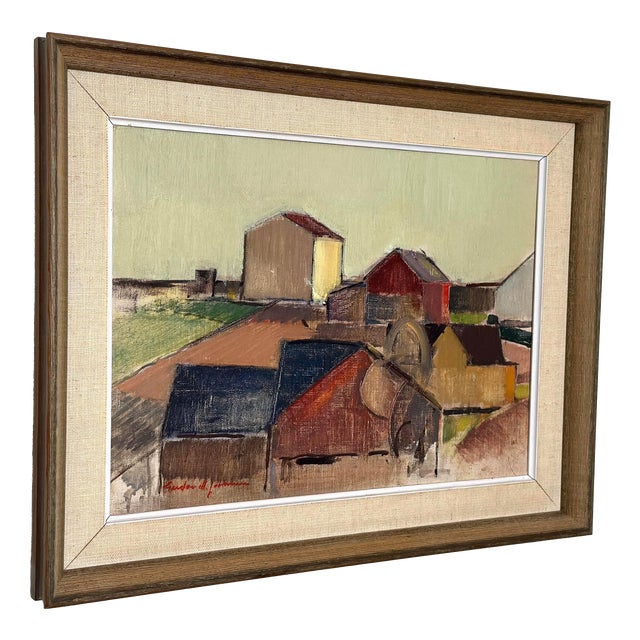Gustav‑Adolf Johansson, Rural Landscape with Barns, 1950, Oil on Canvas, Framed For Sale