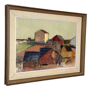 Gustav‑Adolf Johansson, Rural Landscape with Barns, 1950, Oil on Canvas, Framed