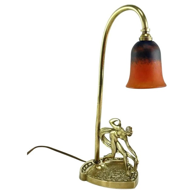 Gold Art Deco Table Lamp with Dancer in Glass Paste attributed to Schneider, 1930s For Sale - Image 8 of 8