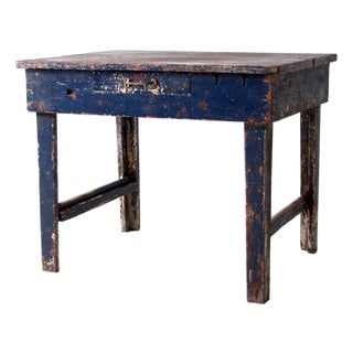 Antique Blue Farmhouse Work Table With Drawer For Sale