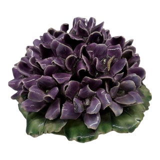 Antique French Purple Violet Porcelain Flower Bouquet With Green Leaves For Sale