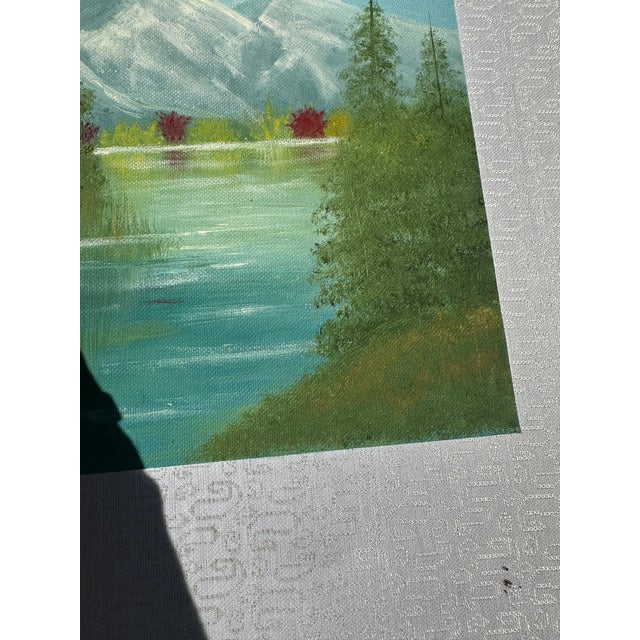 Textile 1990s Riverside and Mountains Landscape Painting With Colorful Bushes on Canvas For Sale - Image 7 of 8