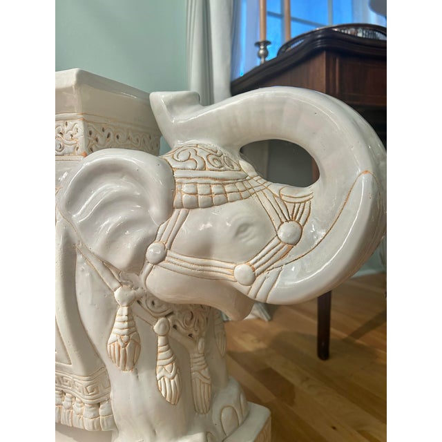 Ceramic 1960’s White Chinoiserie Elephant Garden Stools Large 21.5' - A Pair For Sale - Image 7 of 12