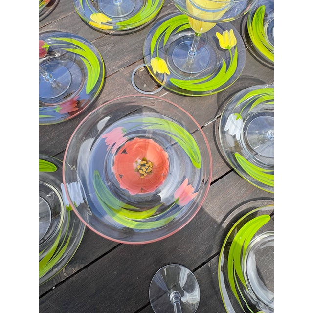 Vintage Hand Painted Tulip Glass Shrimp Cocktail Set For Sale - Image 4 of 11