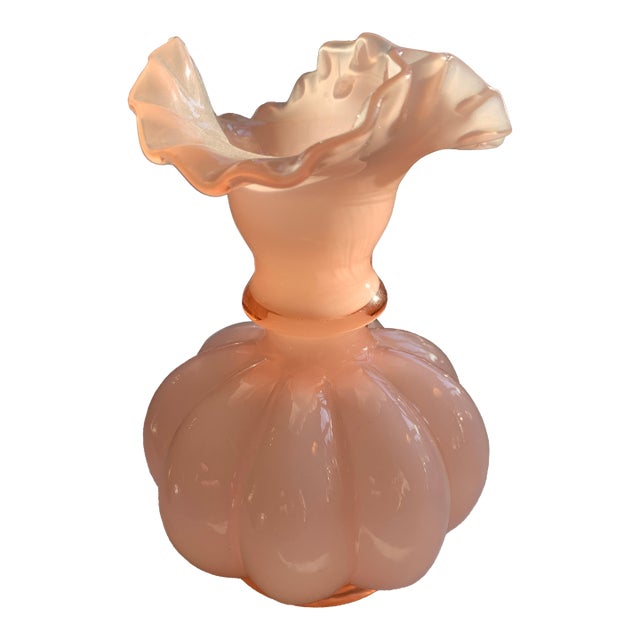 Vintage Fenton Ruffled Melon Rosaline Glass Vase For Sale