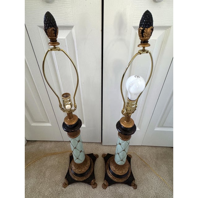 Vintage 1980s Italian Ceramic & Wood Gilt & Aqua Neoclassical-Style Empire Table Lamps For Sale - Image 15 of 18