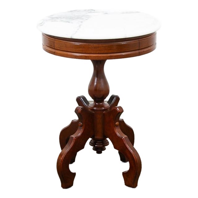Mid Century Modern End Table SideRound Stone Pedestal Mahogany Marble Vintage Nm For Sale