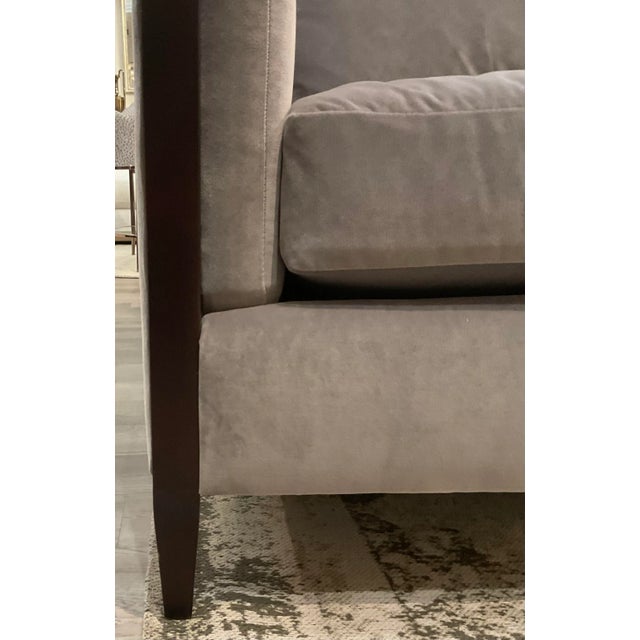 Original retail $8010, stylish Theodore Alexander Modern Gray Velvet Sofa, black lacquer wood frame, showroom floor sample