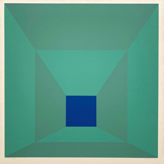 Josef Albers Vintage 1971 Limited Edition Hand Signed " P-Blue " Framed Mid Century Modernist Exhibition Silkscreen Print For Sale - Image 14 of 18