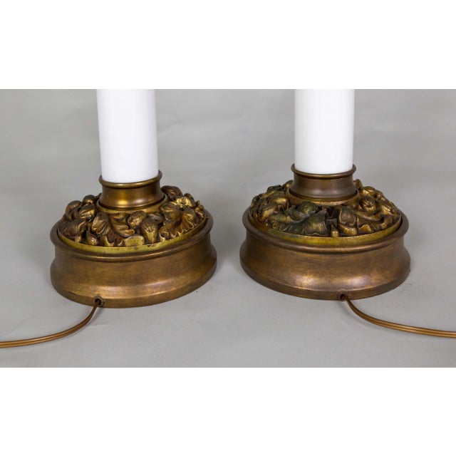 1940s Large Custom Milk Glass Table Lamps With Brass Foliate Bases by Paul Hanson Co. For Sale - Image 9 of 9