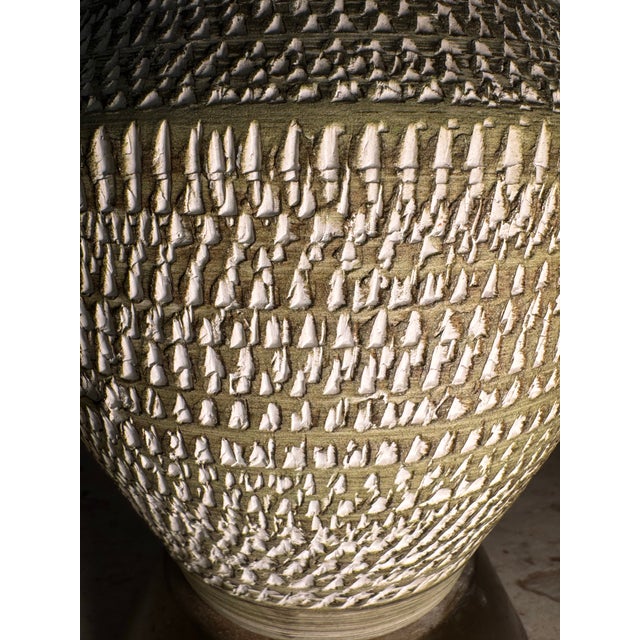 Mid 20th Century Large Handmade Bitossi-Style Green Ceramic Lamp With Etching & Brass Base For Sale - Image 11 of 12