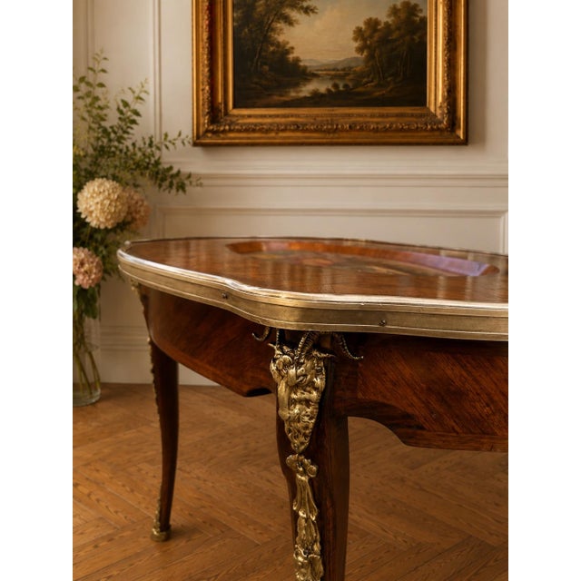 Wood Italian Parquetry Inlaid Tray Table With Painted Figural Panel and Removable Glass Top Late 19th Century For Sale - Image 7 of 9