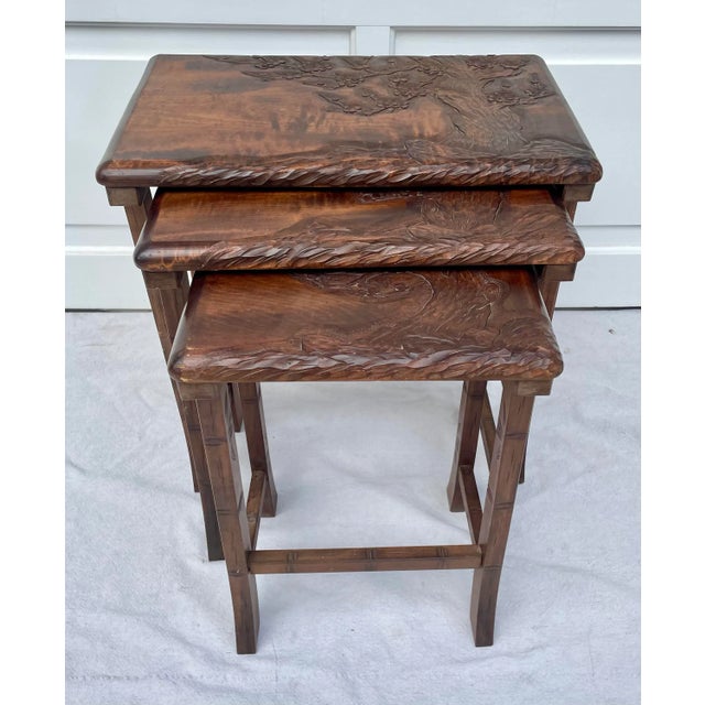 Vintage Hand-Carved Wood Cherry Blossom Asian Nesting Tables For Sale - Image 12 of 12