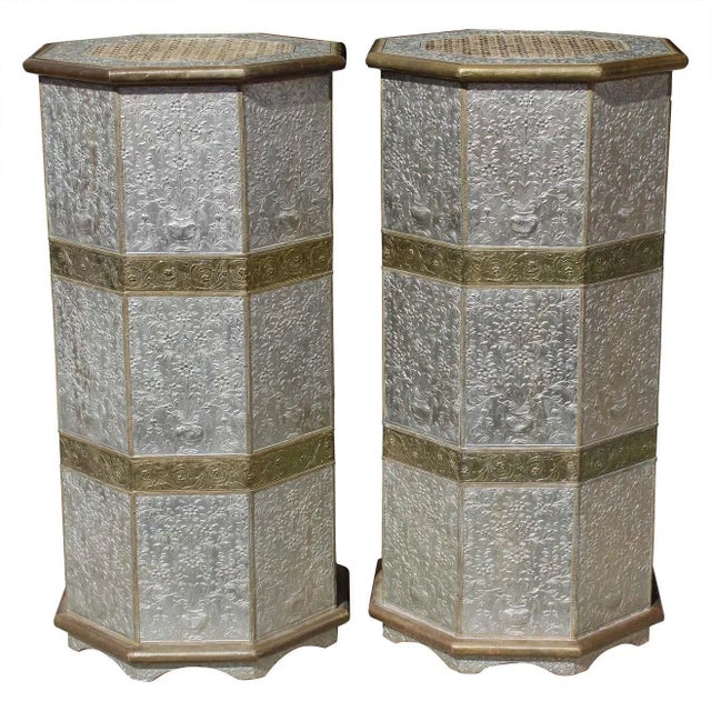 1940s Octagonal Pedestals With Applied Brass and Tin Repoussé Panels - a Pair For Sale - Image 11 of 11