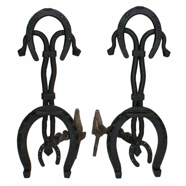 Folk Art Antique Andirons - Folk Art Iron Horse Shoe Fabrication - A Pair For Sale - Image 3 of 3