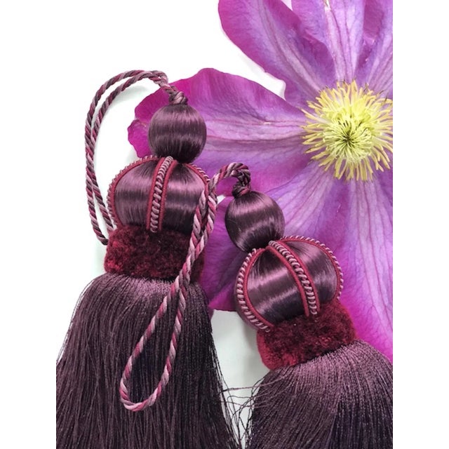 Wine Pair of Mulberry - Burgundy Key Tassels With Satin and Cut Velvet Details For Sale - Image 8 of 11