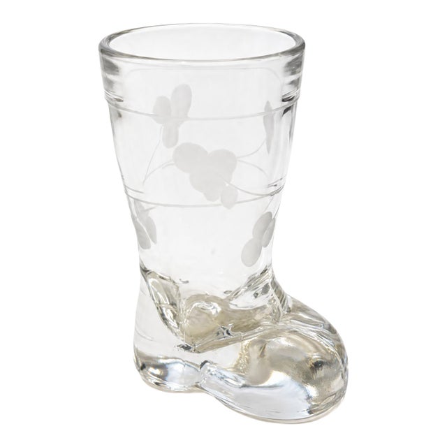 Vintage Etched Glass Boot Shot Glass For Sale