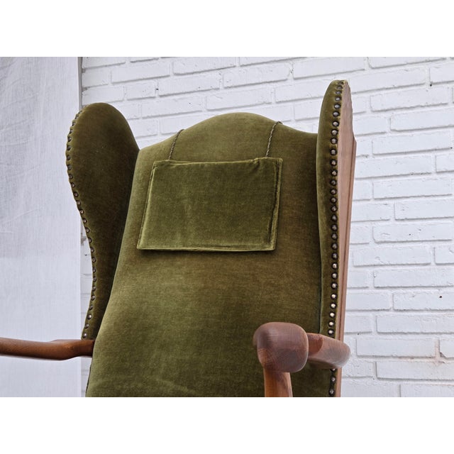 Vintage Danish Wingback Lounge Chair in Furniture Velour and Oak, 1960s For Sale - Image 15 of 18