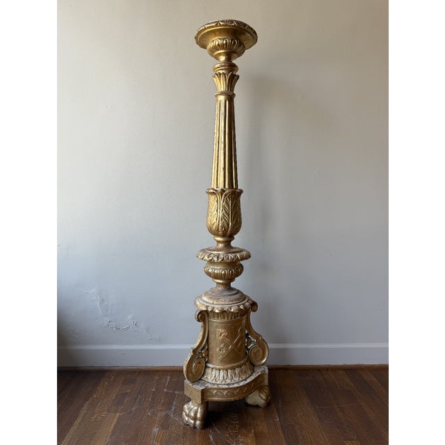 Traditional Antique 1880 Gilded Oak Gold Candlestick For Sale - Image 3 of 7
