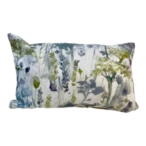 Small Bolster Pillow With a Watercolor-Like Blue and Green Floral Print - Made in U K