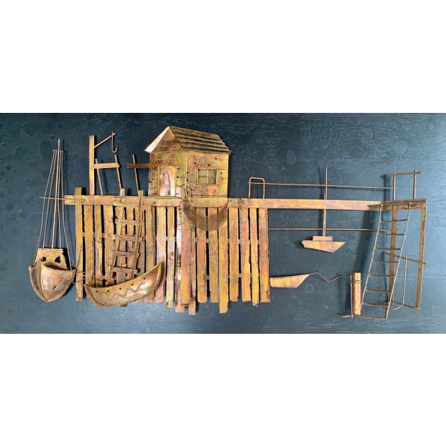 Metal Brutalist Curtis Jere Style Metal Wall Sculpture - Dock With Boats For Sale - Image 7 of 7