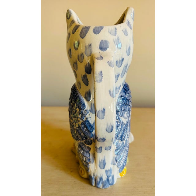 Vintage Mid Century Blue & White Hand Painted Ceramic Owl Pitcher For Sale In Philadelphia - Image 6 of 11