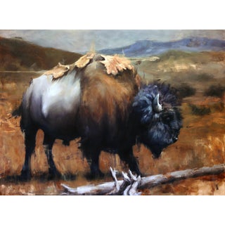 Wanderer by Morgan Cameron | Oil on board of a bison in a natural landscape. For Sale