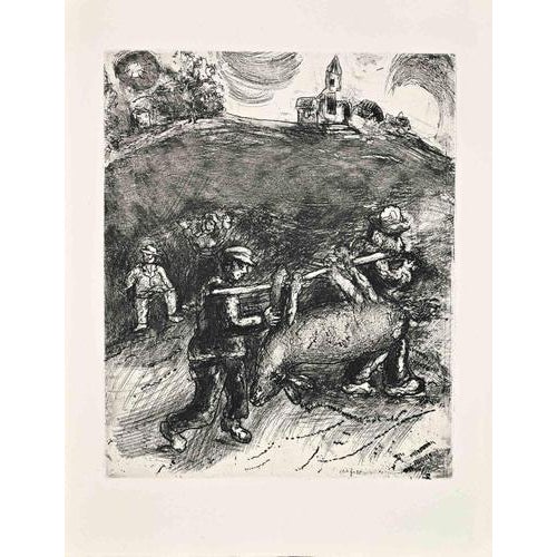 Etching on Montval paper, realized between 1927 and 1930. Table from "Les Fables de La Fontaine", published in 1952 in and...