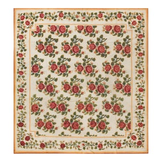 1890s Ivory Roses Floral Antique English Needlepoint Rug 6'10" X 7'6" Flatweave Wool Carpet For Sale