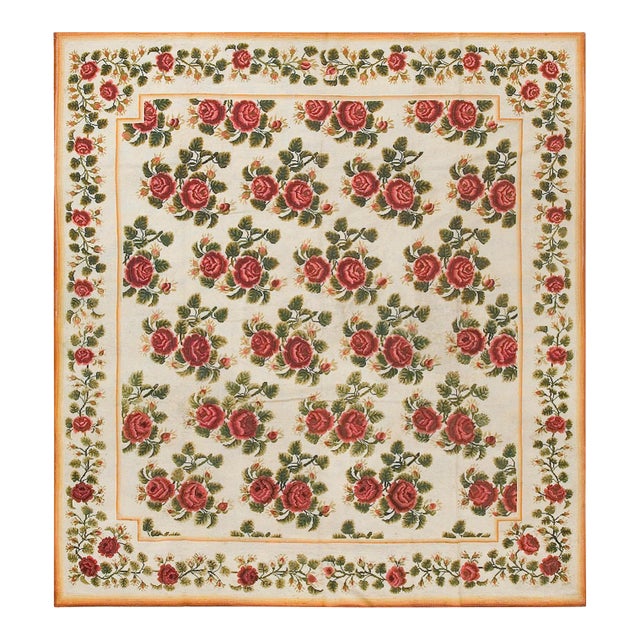 1890s Ivory Roses Floral Antique English Needlepoint Rug 6'10" X 7'6" Flatweave Wool Carpet For Sale