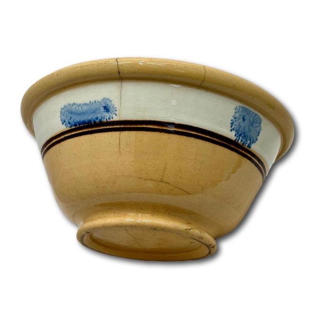 Nice Antique English Blue Seaweed Decorated & Banded Yellow Ware Kitchen Mixing Bowl - Circa Mid 19th Century For Sale - Image 9 of 18