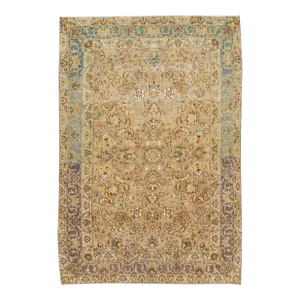 Handmade Tan Antique Persian Kirman Wool Rug With Allover Floral Motif