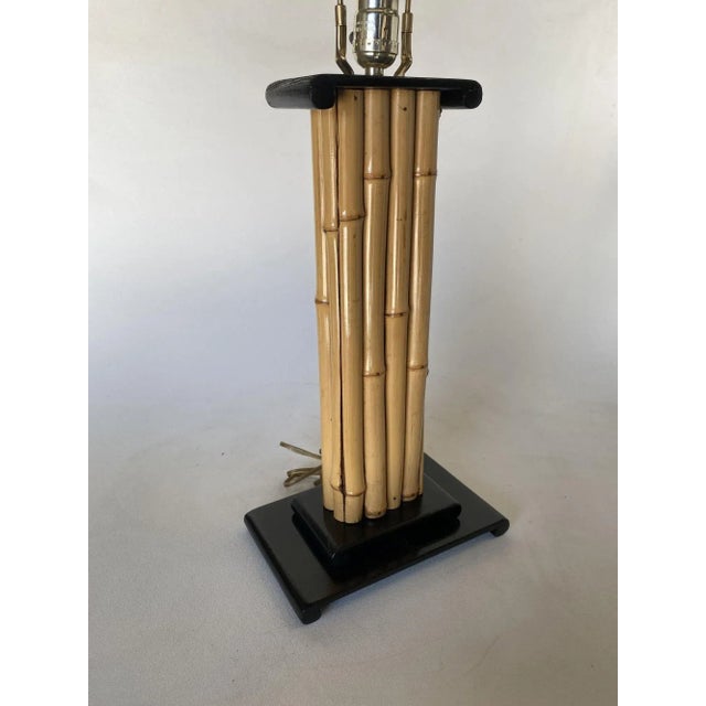 Mid-Century Modern 1950s Wrapped Rattan Pole Lamp With Black Demi Base For Sale - Image 3 of 11