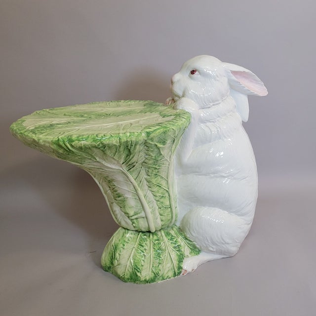 Italian Porcelain Rabbit Sculptural Accent Table Stand With Lettuce Cabbage Leaf Top, C. 1970s For Sale - Image 13 of 16