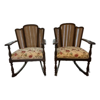 Pair of Vintage Cane‑Back Floral Rocking Armchairs For Sale
