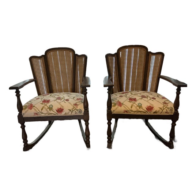 Pair of Vintage Cane‑Back Floral Rocking Armchairs For Sale
