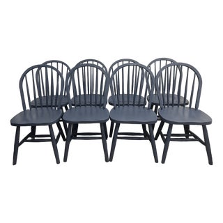 Vintage Set of 8 Spindle Back Dining Chairs in Farrow & Ball Hague Blue For Sale