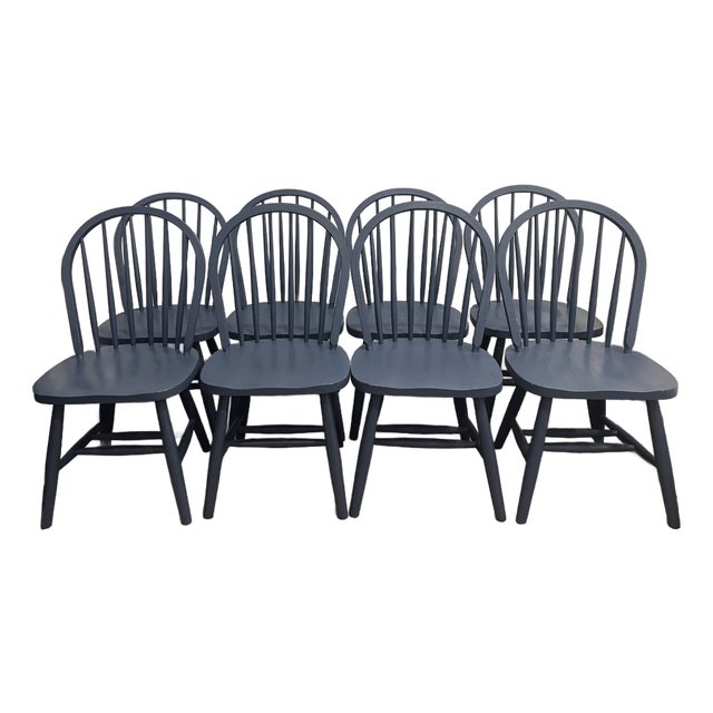 Vintage Set of 8 Spindle Back Dining Chairs in Farrow & Ball Hague Blue For Sale